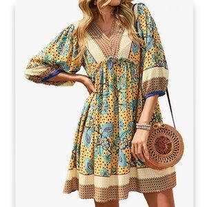 Boho Baybydoll Border Print Dress S